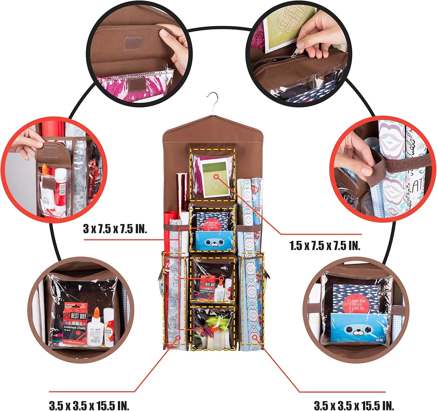 Double-Sided Hanging Gift Bag and Gift Wrap Organizer (Brown)
