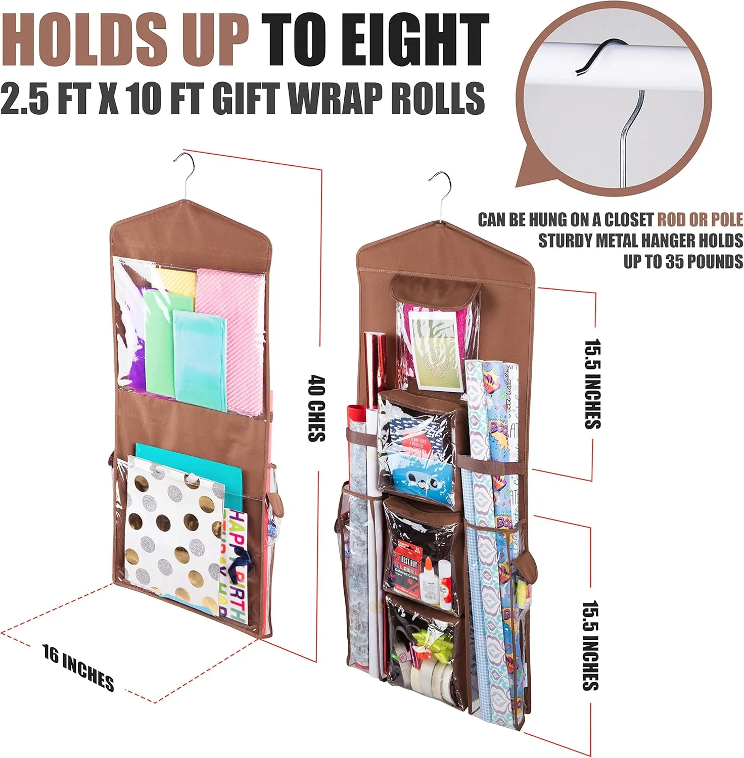 Double-Sided Hanging Gift Bag and Gift Wrap Organizer (Brown)