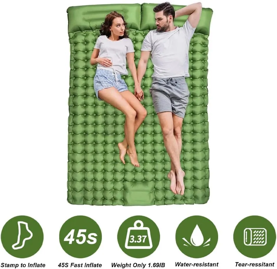 Double Sleeping Pad, Self-Inflating Sleeping Pad for Camping, Camping Sleeping Pad with Built-in Pump, 4" Extra Thickness Inflatable Sleeping Mat, Twin Air Mattress for Traveling (Green)