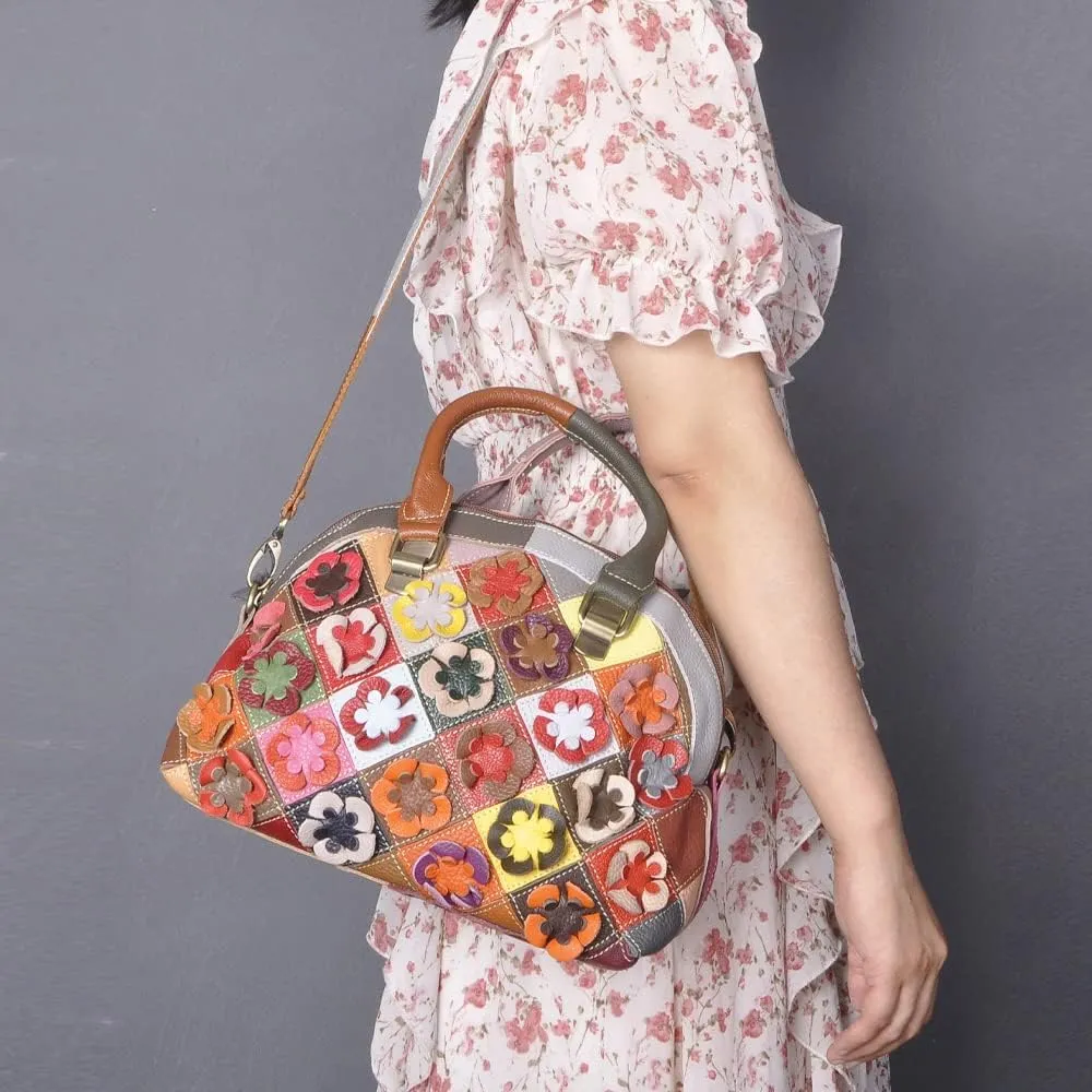 Downupodwn Dome Satchel Bag for Women Genuine Leather Top Handle Handbags Medium Tote Bags Purses Crossbody Shoulder Bag