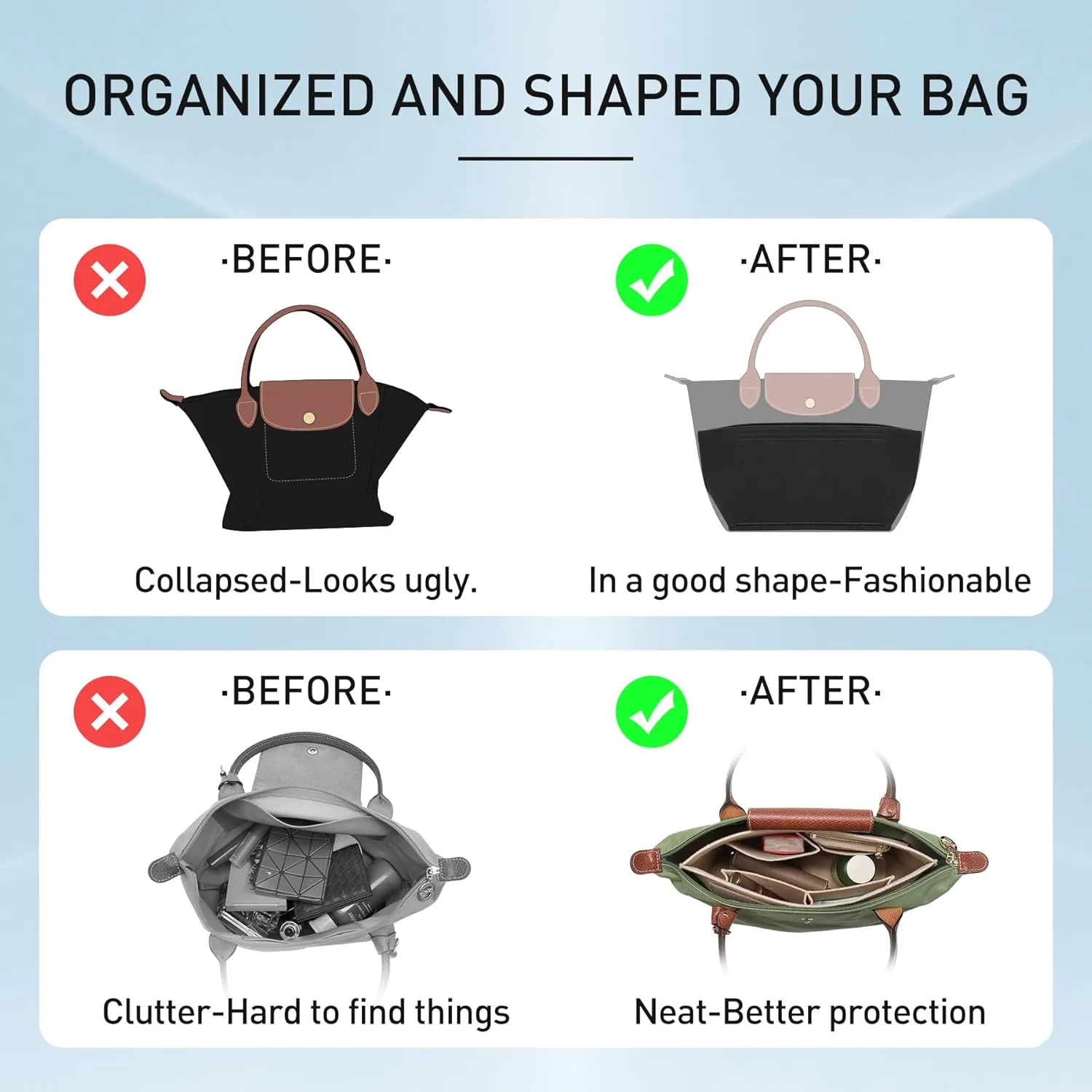 Doxo Longchamp Organizer Insert Bag Compatible with Le Pliage Large Tote Handbags,Purse Organizer with Cup Holder(L,Black)