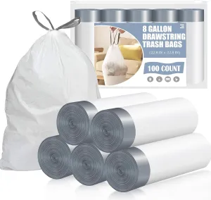 Drawstring 8 Gallon Trash Bags - 100 Count Pre-separated Medium Trash Bags 8 Gallon, Unscented White 8 Gal Garbage Bags