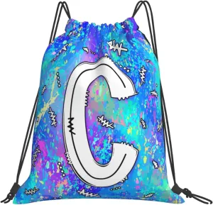 Drawstring Backpack Bag Sport Gym Sackpack Initial Blue Draw String Cinch Bags Bulk String Backpack Storage Bag for Women Men Letters C