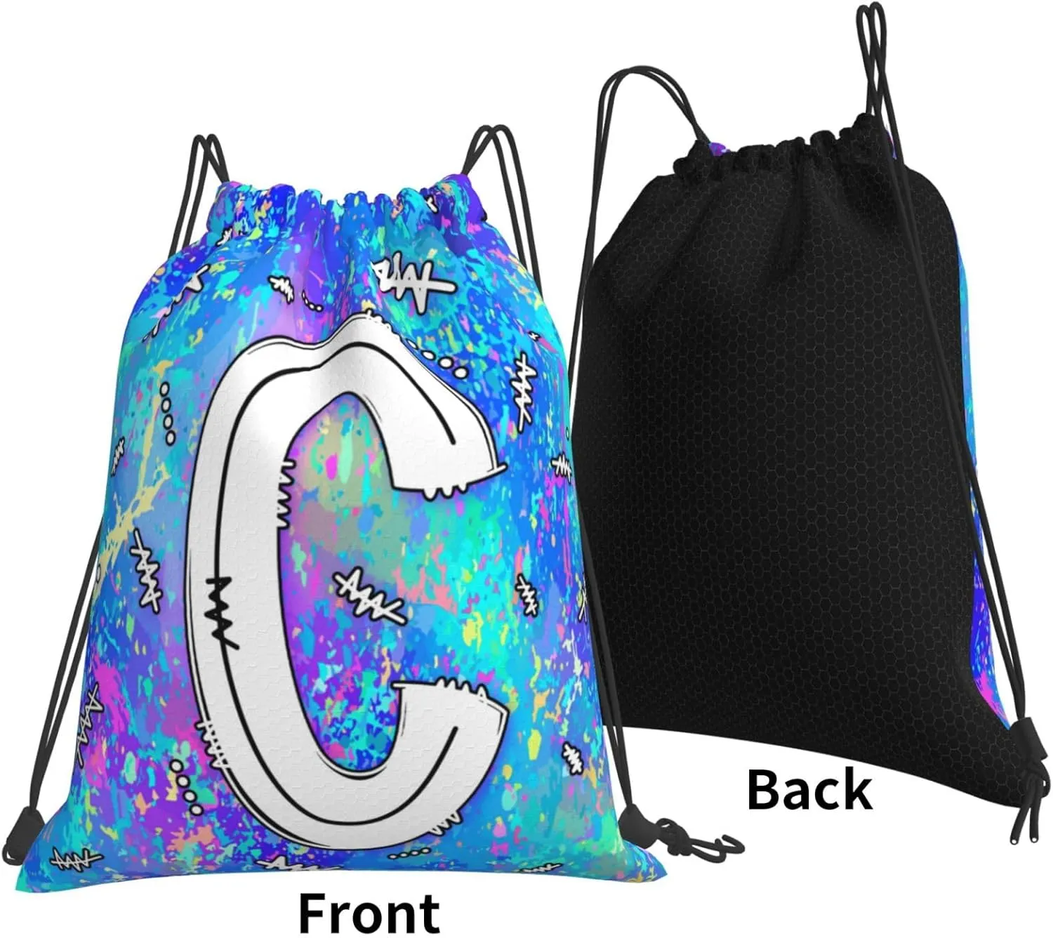 Drawstring Backpack Bag Sport Gym Sackpack Initial Blue Draw String Cinch Bags Bulk String Backpack Storage Bag for Women Men Letters C