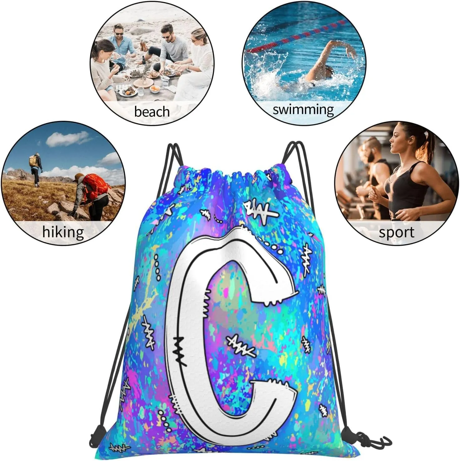 Drawstring Backpack Bag Sport Gym Sackpack Initial Blue Draw String Cinch Bags Bulk String Backpack Storage Bag for Women Men Letters C
