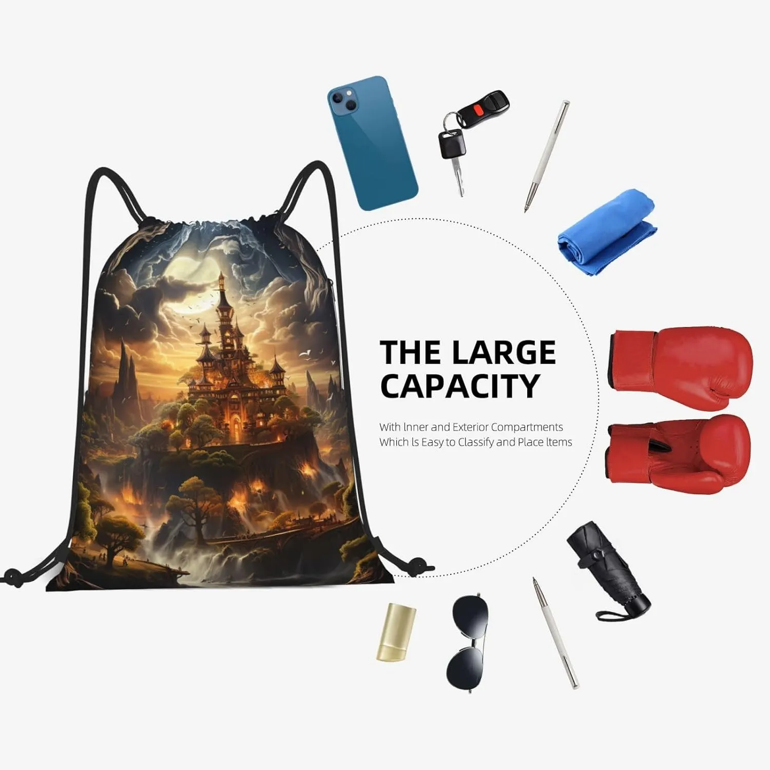 Drawstring Backpack Gym Bag Cinch Bag Draw String Back Bag Moonlight Castle Drawstring Bags for Travel