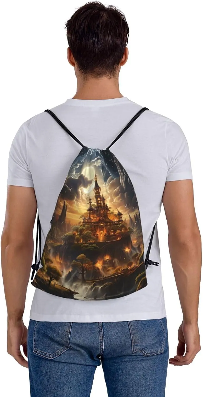 Drawstring Backpack Gym Bag Cinch Bag Draw String Back Bag Moonlight Castle Drawstring Bags for Travel