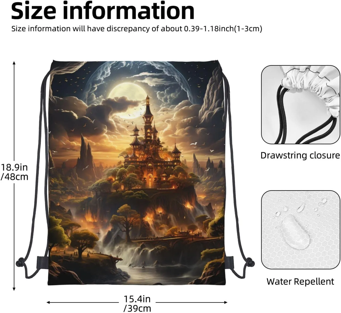Drawstring Backpack Gym Bag Cinch Bag Draw String Back Bag Moonlight Castle Drawstring Bags for Travel