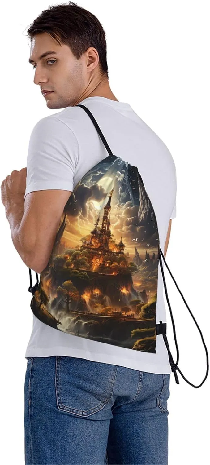 Drawstring Backpack Gym Bag Cinch Bag Draw String Back Bag Moonlight Castle Drawstring Bags for Travel