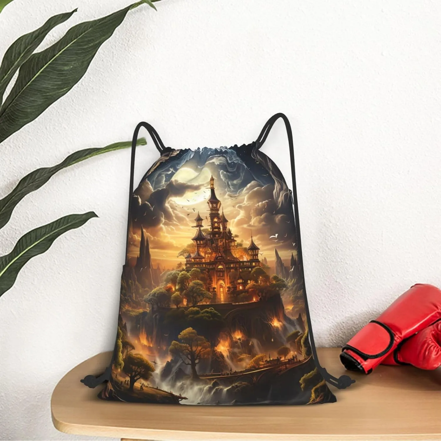 Drawstring Backpack Gym Bag Cinch Bag Draw String Back Bag Moonlight Castle Drawstring Bags for Travel