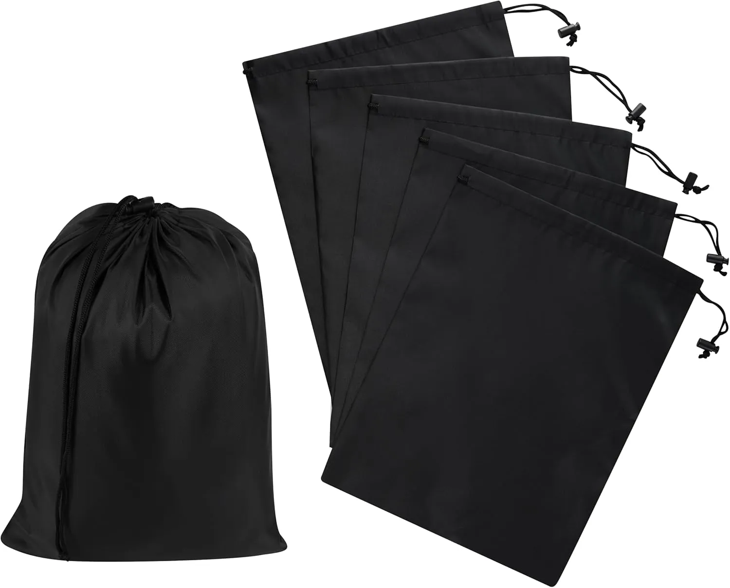 Drawstring Bag with Toggle - Nylon Cinch and Ditty Pouch - Six Pack (Black, 9 x 12 Inch)