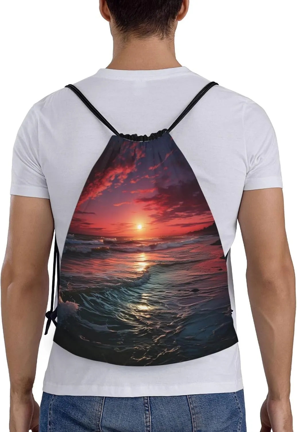 Drawstring Gym Backpack Ocean Art Warm Twilight Sports String Bag Water Resistan Beach Swim Travel Sackpack