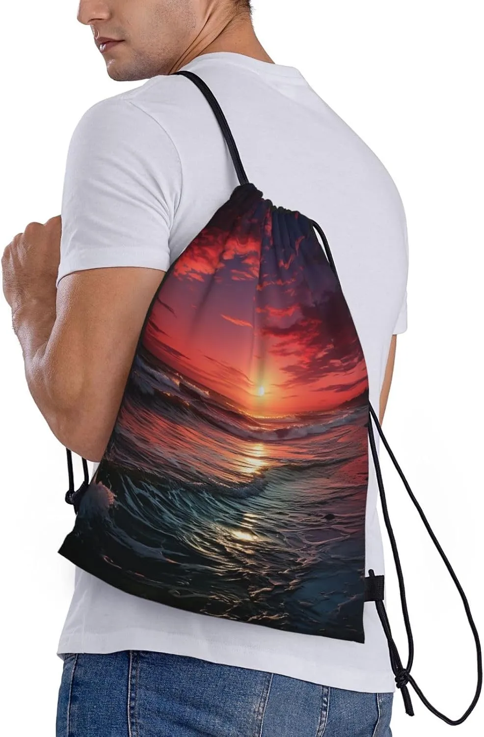 Drawstring Gym Backpack Ocean Art Warm Twilight Sports String Bag Water Resistan Beach Swim Travel Sackpack
