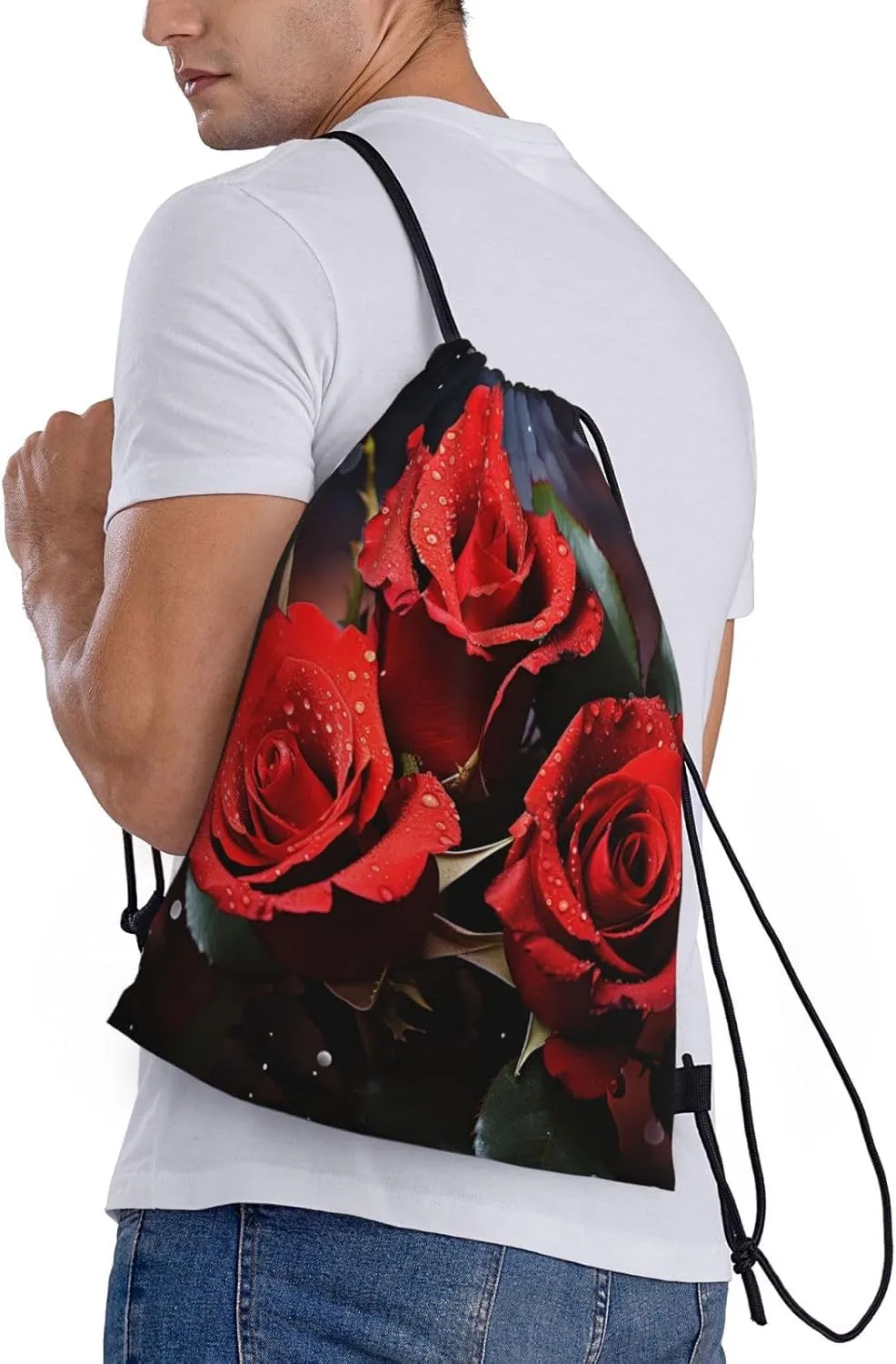 Drawstring Gym Backpack Romantic Red Roses Sports String Bag Water Resistan Beach Swim Travel Sackpack