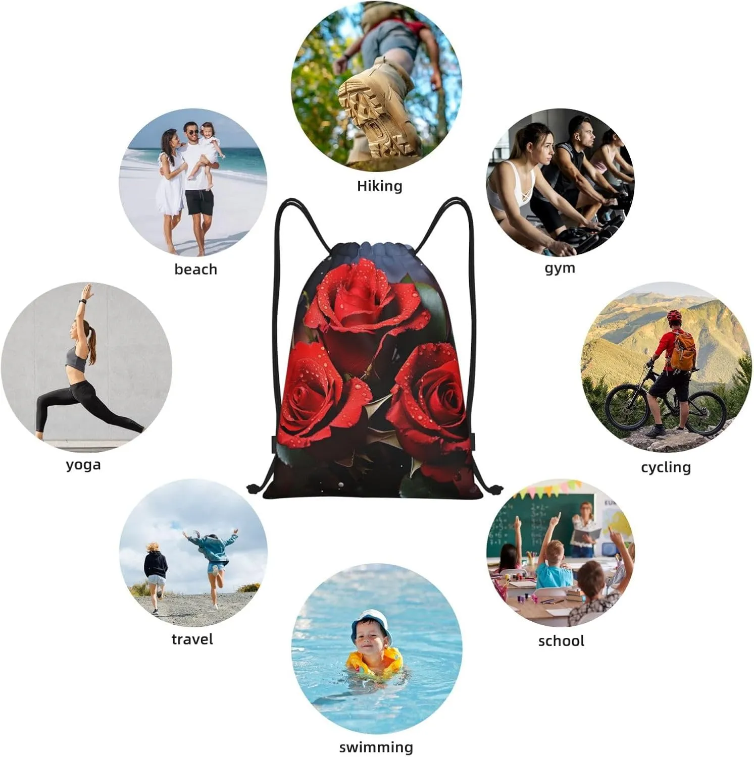 Drawstring Gym Backpack Romantic Red Roses Sports String Bag Water Resistan Beach Swim Travel Sackpack
