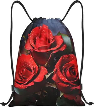 Drawstring Gym Backpack Romantic Red Roses Sports String Bag Water Resistan Beach Swim Travel Sackpack