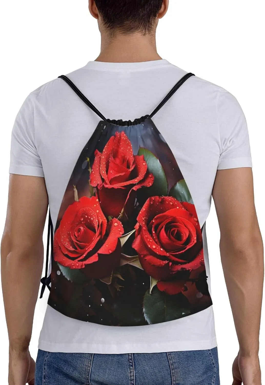 Drawstring Gym Backpack Romantic Red Roses Sports String Bag Water Resistan Beach Swim Travel Sackpack