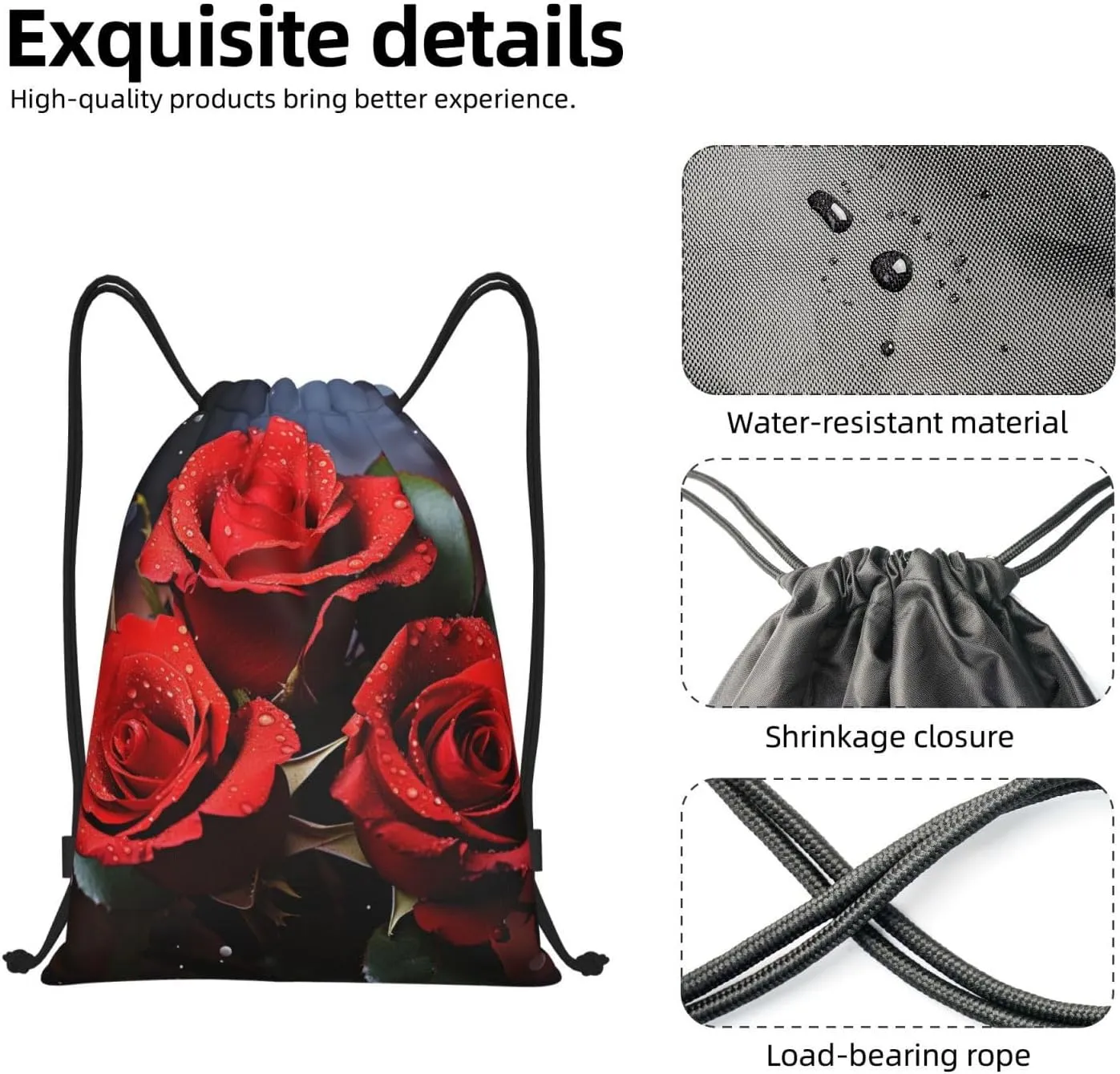 Drawstring Gym Backpack Romantic Red Roses Sports String Bag Water Resistan Beach Swim Travel Sackpack
