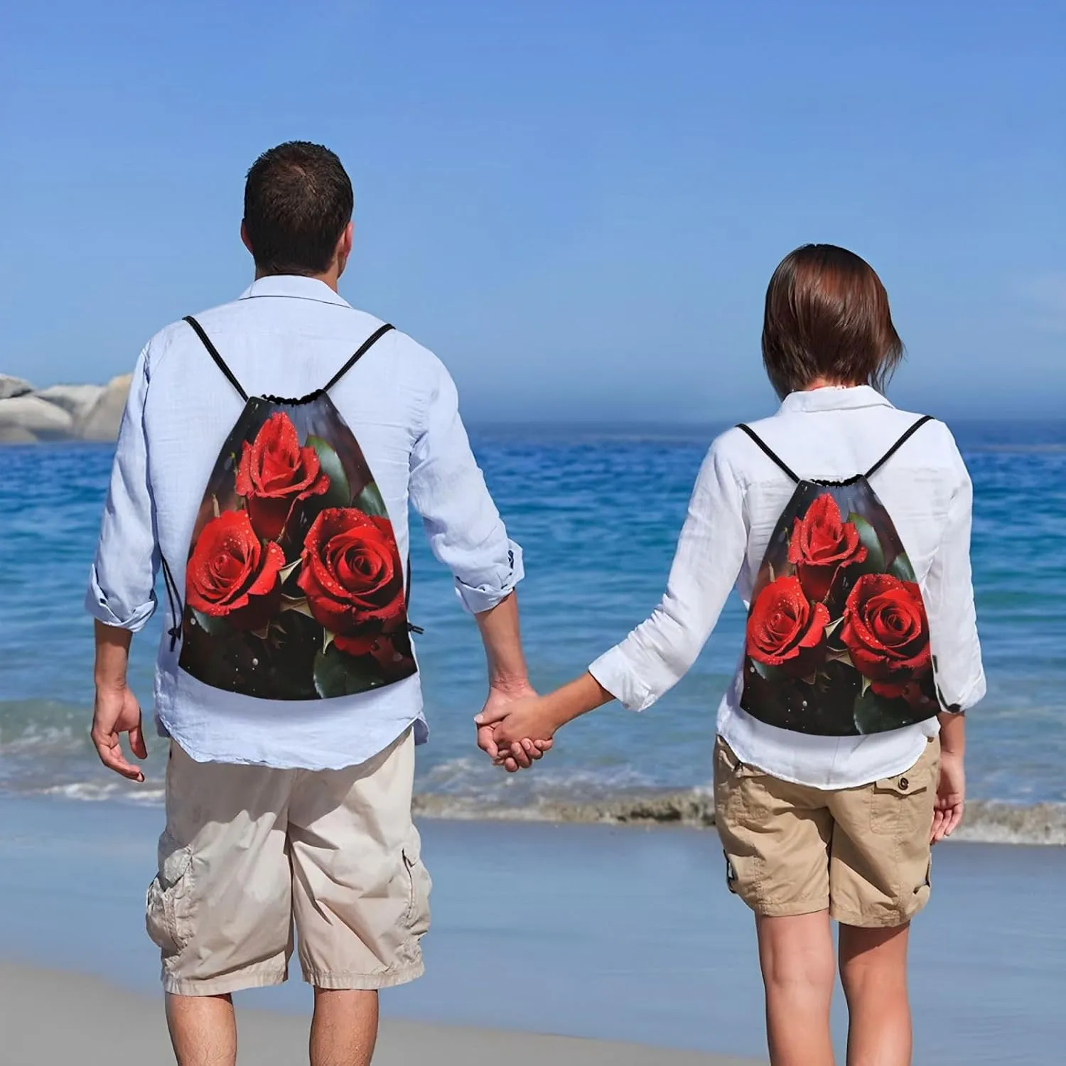 Drawstring Gym Backpack Romantic Red Roses Sports String Bag Water Resistan Beach Swim Travel Sackpack