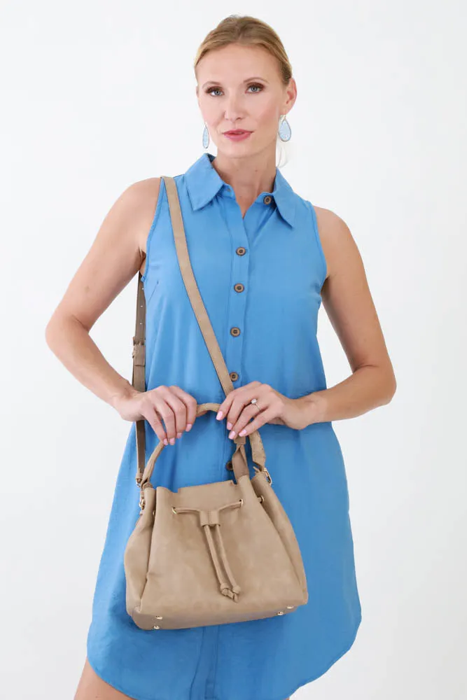 Drawstring Hobo Handbag -Taupe
