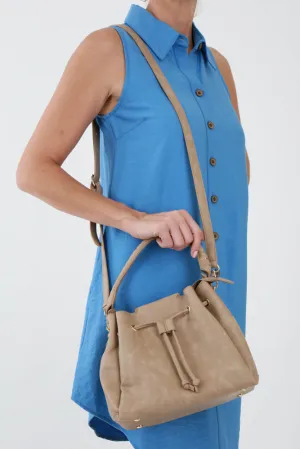 Drawstring Hobo Handbag -Taupe