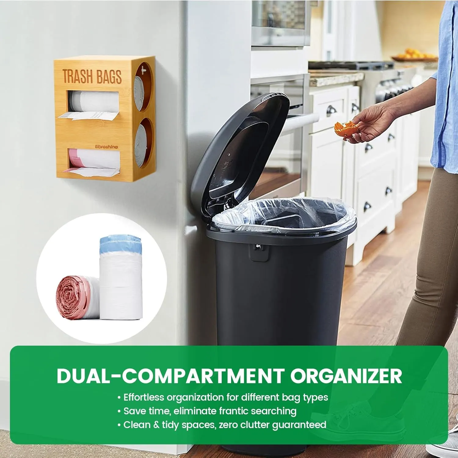 Dual-Slot Bamboo Trash Bag Dispenser for 13 Gallon, 2-in-1 Garbage/Grocery Bag Holder, Wall/Under-Sink Mount, Space-Saving Storage Organizer for Kitchen, Garage, Laundry, Pantry