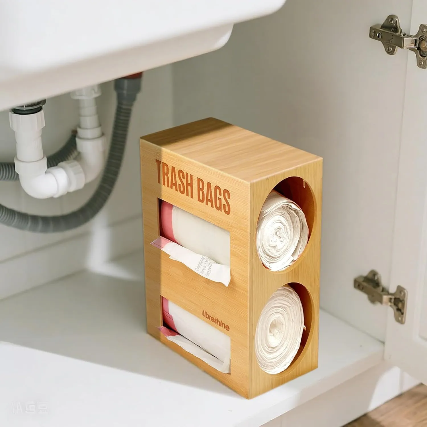 Dual-Slot Bamboo Trash Bag Dispenser for 13 Gallon, 2-in-1 Garbage/Grocery Bag Holder, Wall/Under-Sink Mount, Space-Saving Storage Organizer for Kitchen, Garage, Laundry, Pantry
