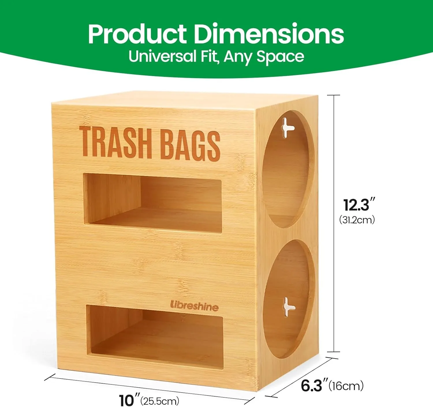 Dual-Slot Bamboo Trash Bag Dispenser for 13 Gallon, 2-in-1 Garbage/Grocery Bag Holder, Wall/Under-Sink Mount, Space-Saving Storage Organizer for Kitchen, Garage, Laundry, Pantry