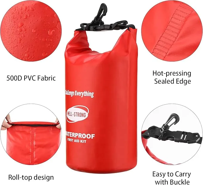 Dual Waterproof First Aid Kit Boat Emergency Kit with Buckles for Fishing Kayaking Boating Swimming Camping Rafting Beach Red