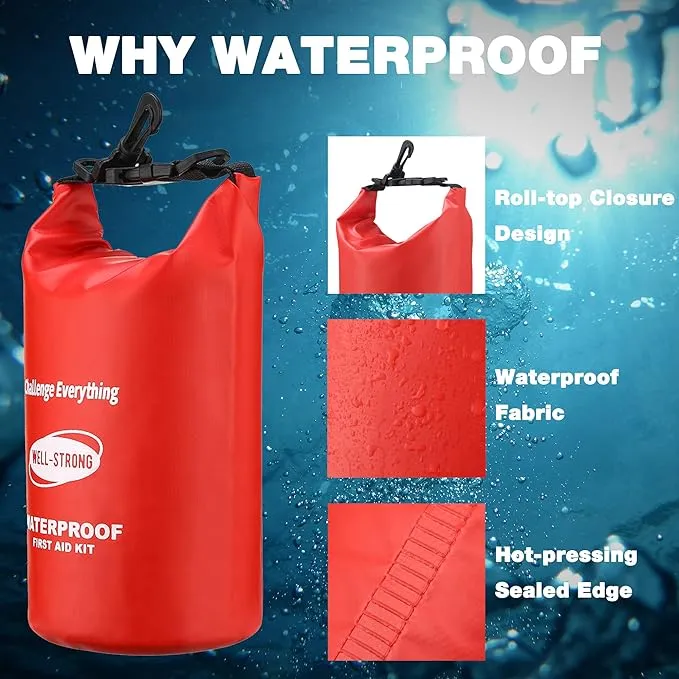 Dual Waterproof First Aid Kit Boat Emergency Kit with Buckles for Fishing Kayaking Boating Swimming Camping Rafting Beach Red