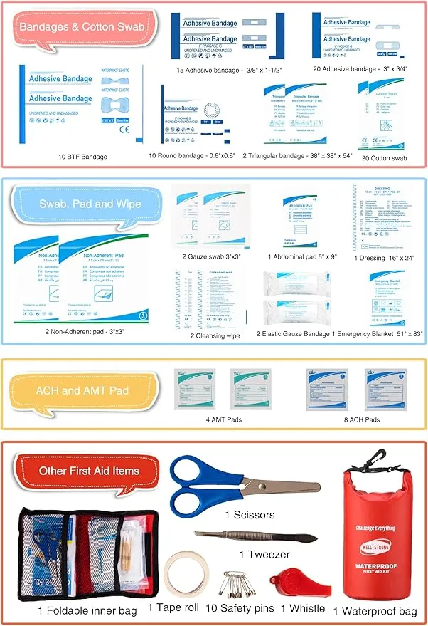 Dual Waterproof First Aid Kit Boat Emergency Kit with Buckles for Fishing Kayaking Boating Swimming Camping Rafting Beach Red