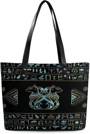 Egyptian Cats Hieroglyphs Gold Blue Women Tote Bags Top Handle Satchel Handbags Faux Leather Tassel Shoulder Purse