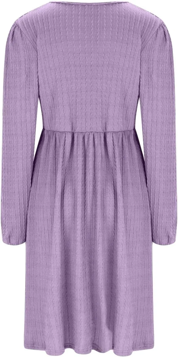 Elegant Dresses for Women Long Sleeve Crewneck Causal Empire Waist Ruffle Dress with Pockets Fashion Work Midi Dress