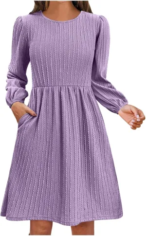 Elegant Dresses for Women Long Sleeve Crewneck Causal Empire Waist Ruffle Dress with Pockets Fashion Work Midi Dress