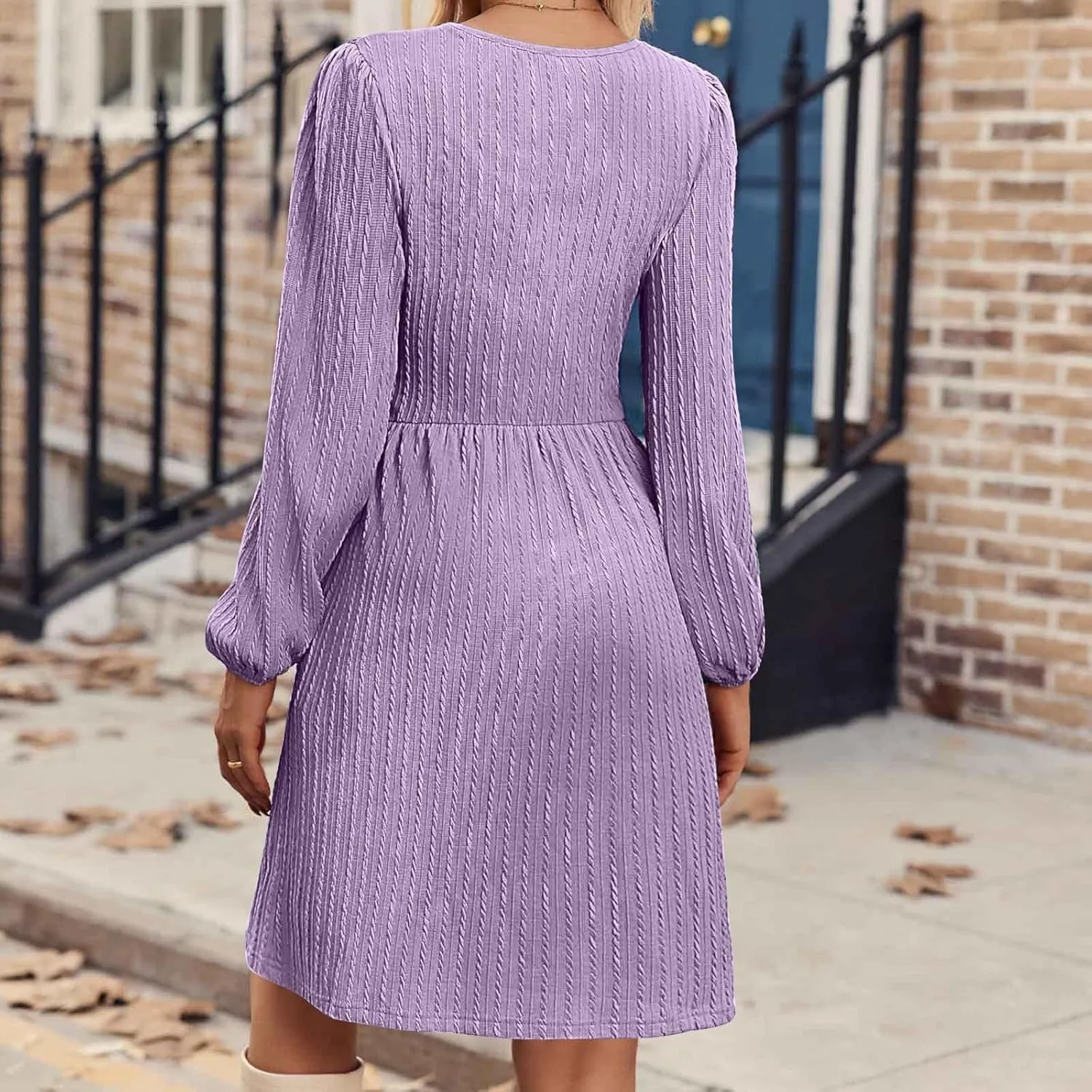Elegant Dresses for Women Long Sleeve Crewneck Causal Empire Waist Ruffle Dress with Pockets Fashion Work Midi Dress