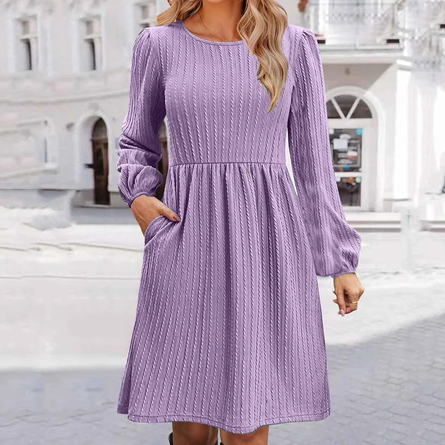 Elegant Dresses for Women Long Sleeve Crewneck Causal Empire Waist Ruffle Dress with Pockets Fashion Work Midi Dress