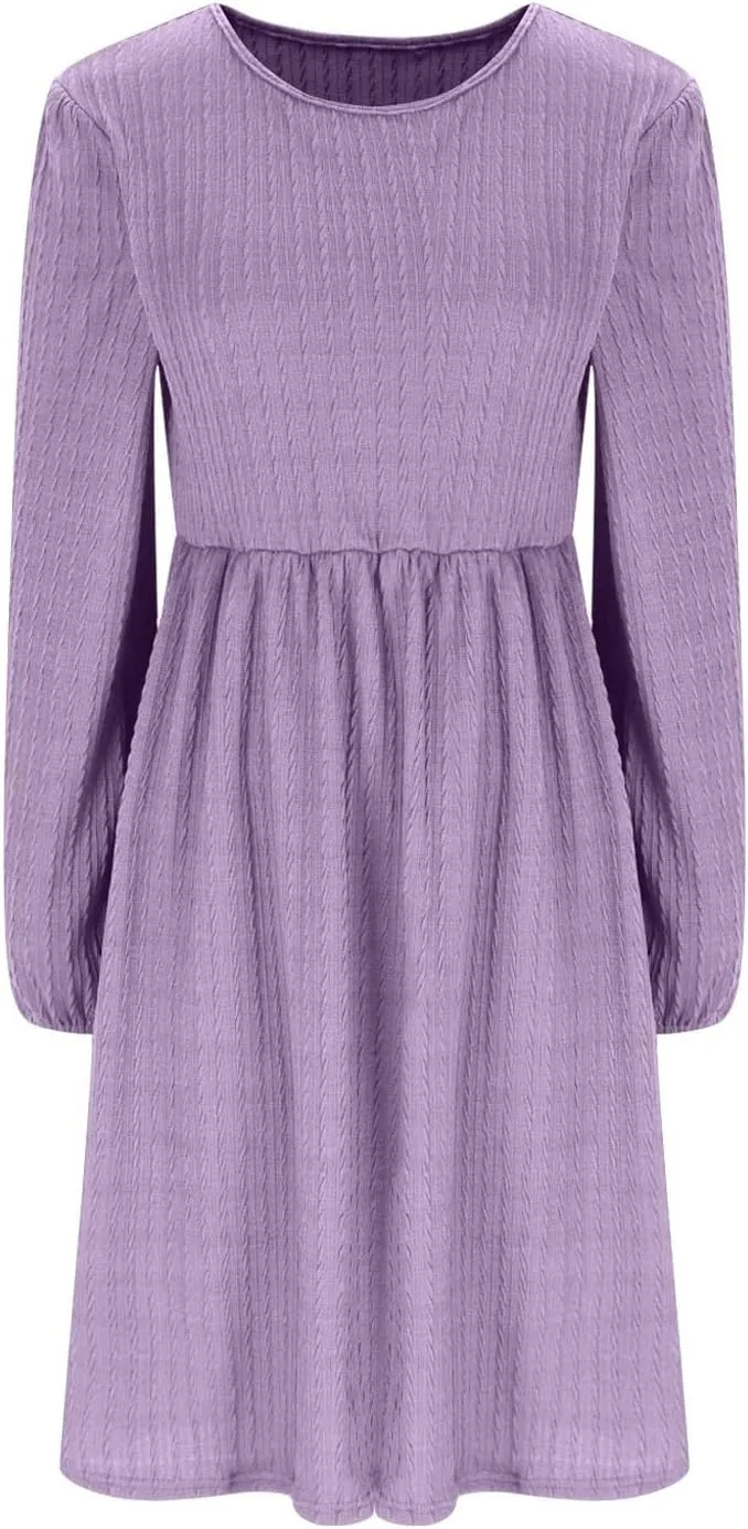 Elegant Dresses for Women Long Sleeve Crewneck Causal Empire Waist Ruffle Dress with Pockets Fashion Work Midi Dress