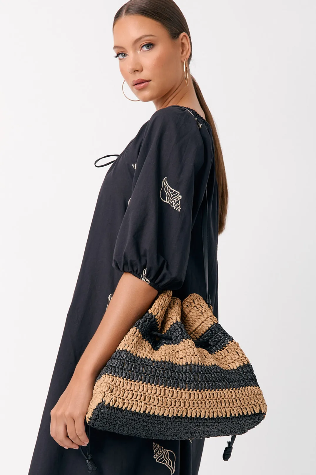 Eloise Stripe Paper Weave Drawstring Bag Cream & Natural - Adorne