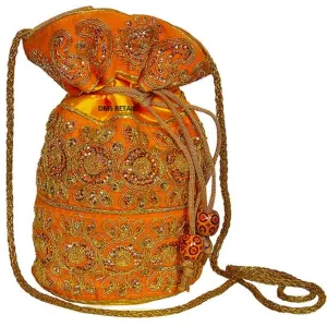 Embroidered Jardoshi Yellow Potli Bag