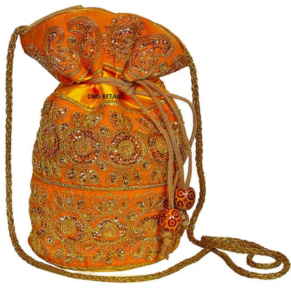 Embroidered Jardoshi Yellow Potli Bag