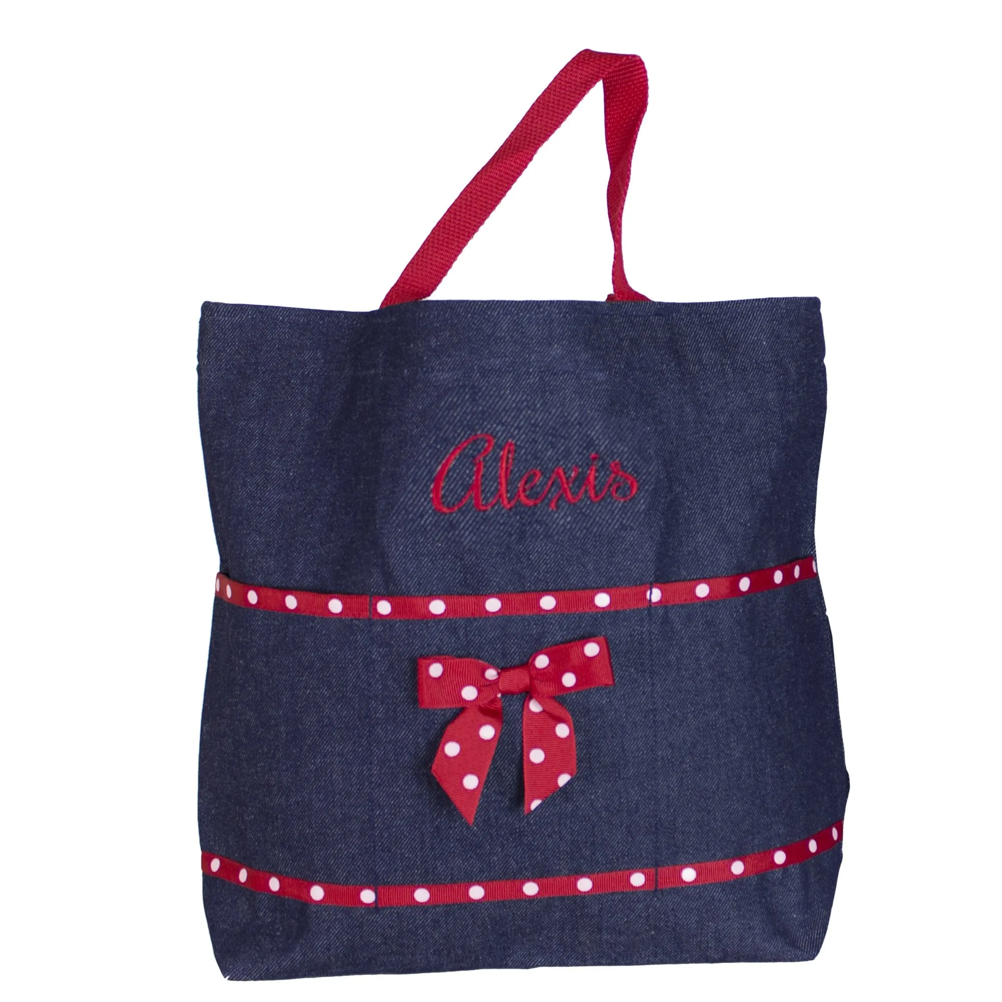 Embroidered Red Polka Dot Denim Tote