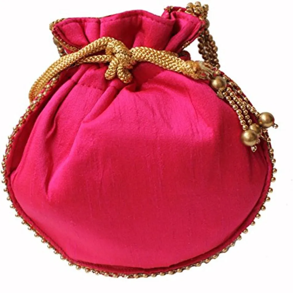 Embroidered Silk Potli Bag Ethnic Clutch Batwa Bag With Metal Beadwork And Pearl Drawstings Clutch Hand Bag Purse For Women And Girls Pink