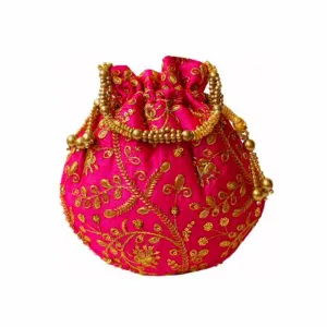Embroidered Silk Potli Bag Ethnic Clutch Batwa Bag With Metal Beadwork And Pearl Drawstings Clutch Hand Bag Purse For Women And Girls Pink