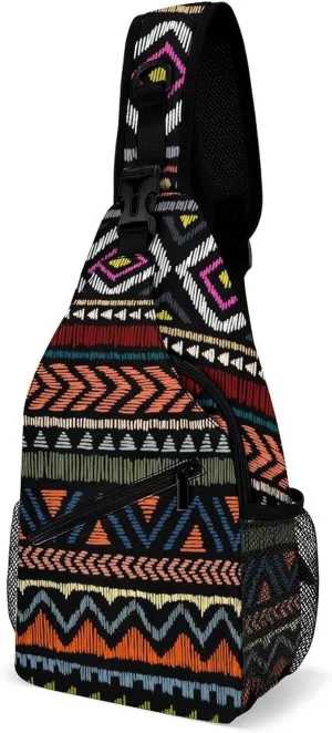 Embroidery Ethnic Patterns Sling Bag Crossbody for Women Men Lightweight Adjustable Extender Strap Aztec Tribal Print Shoulder Backpack with Water Bottle Holder Casual Daypack for Hiking Travel