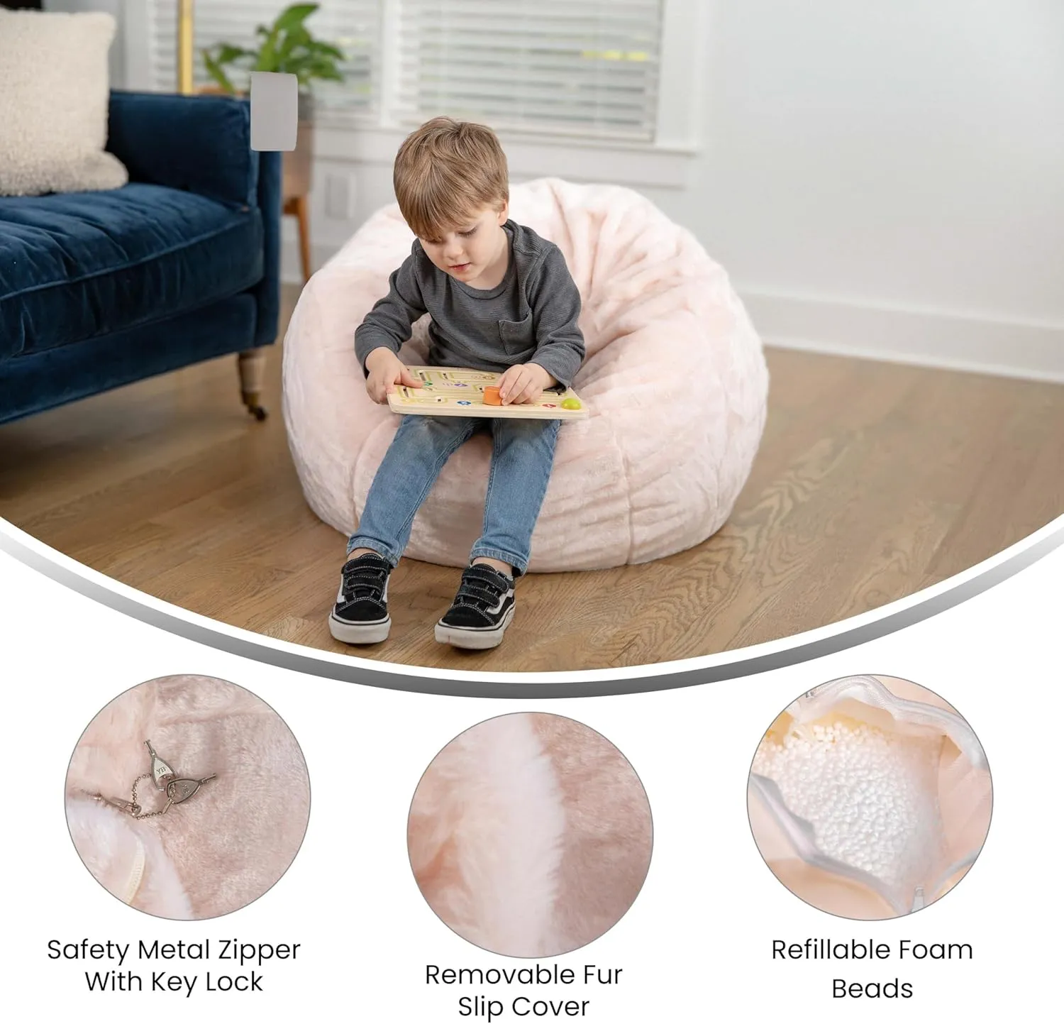 EMMA   OLIVER Daisy Small Blush Furry Bean Bag Chair for Kids and Teens