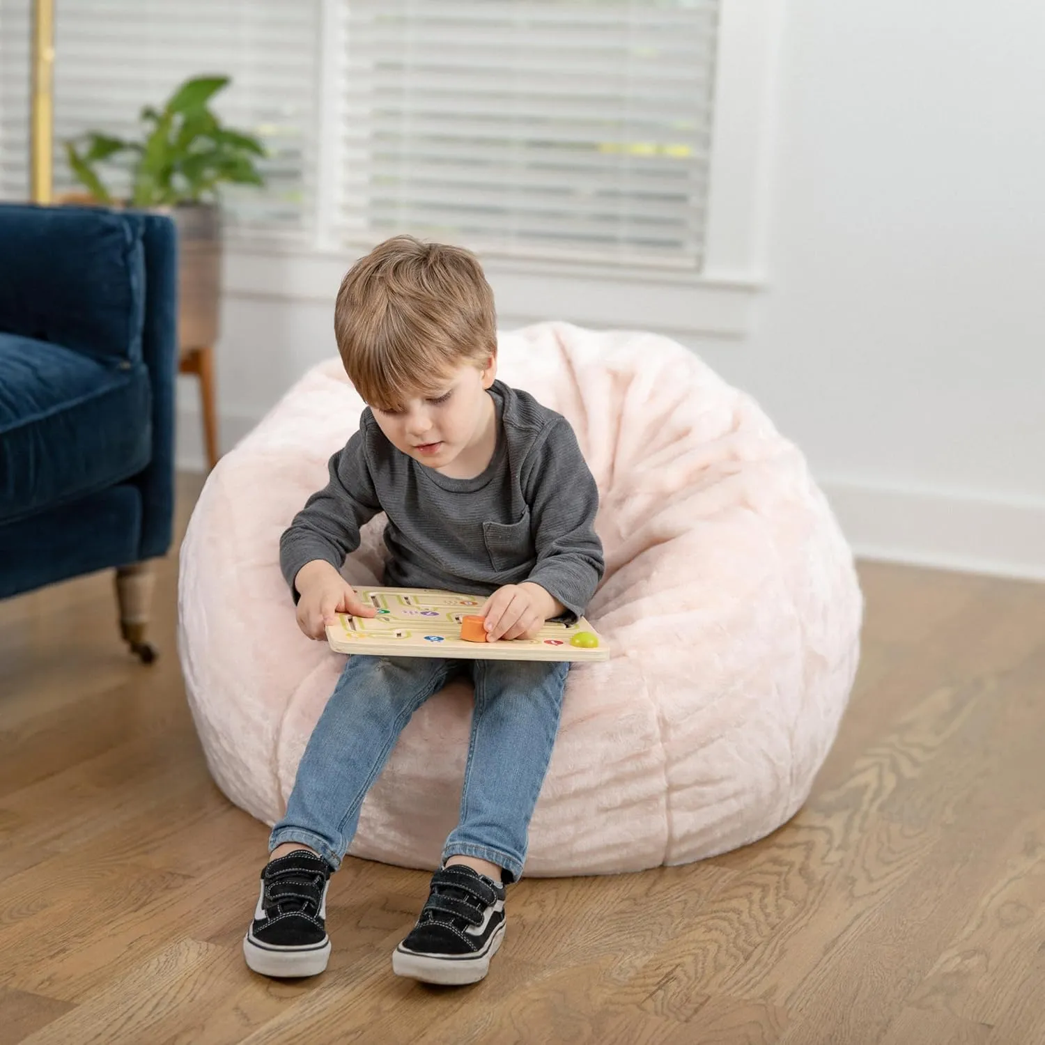 EMMA   OLIVER Daisy Small Blush Furry Bean Bag Chair for Kids and Teens