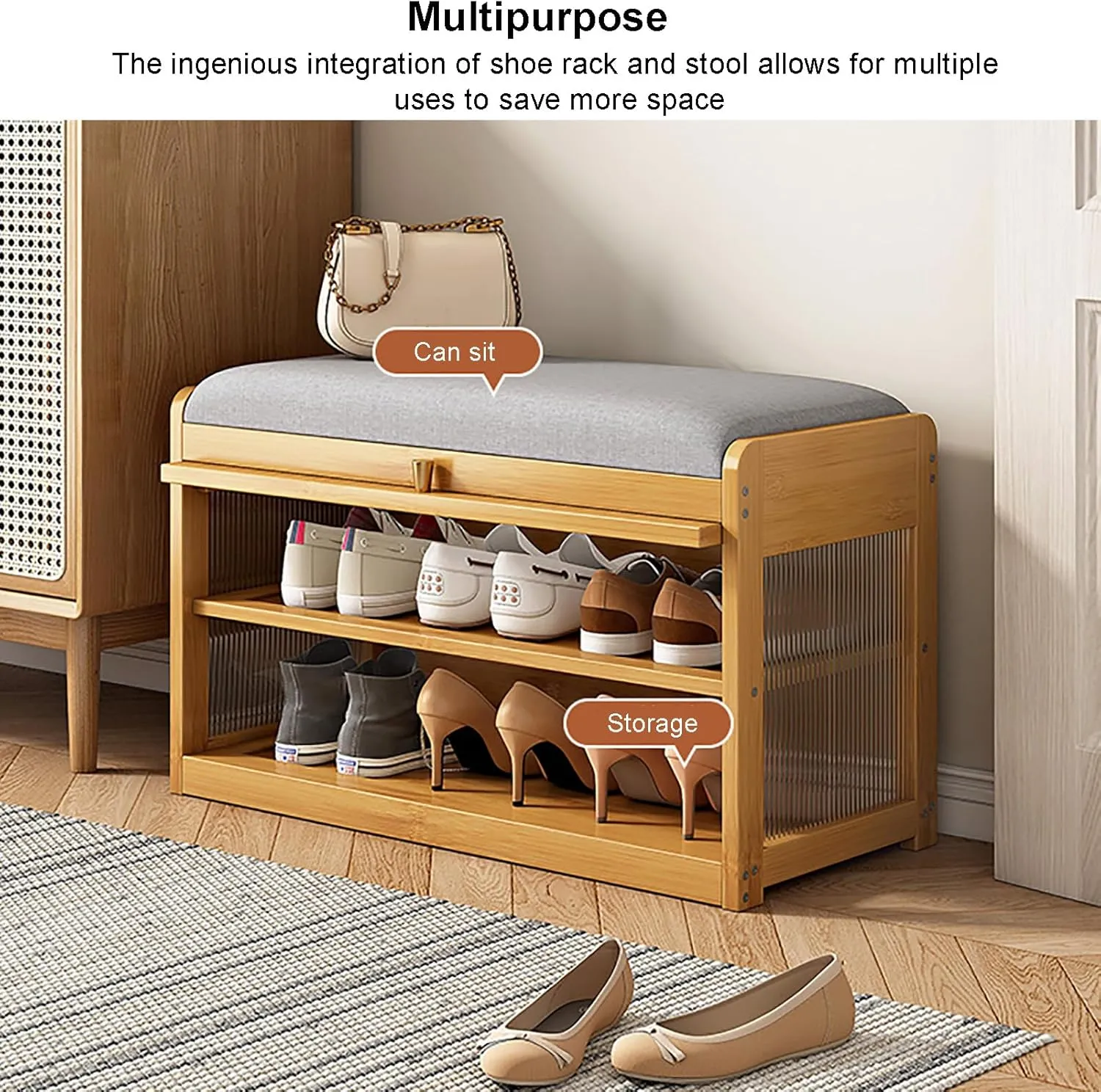Entryway Shoe Bench with Pu Leather Seat Cushion, Bamboo Shoe Rack Organizer with Flip Doors, 2-Tier Upholstered Shoe Storage Bench for Hallway,Front Door (50x31x45cm(20x12x18inch), Walnut)