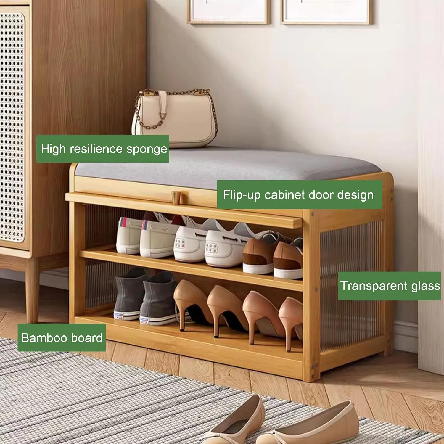 Entryway Shoe Bench with Pu Leather Seat Cushion, Bamboo Shoe Rack Organizer with Flip Doors, 2-Tier Upholstered Shoe Storage Bench for Hallway,Front Door (50x31x45cm(20x12x18inch), Walnut)