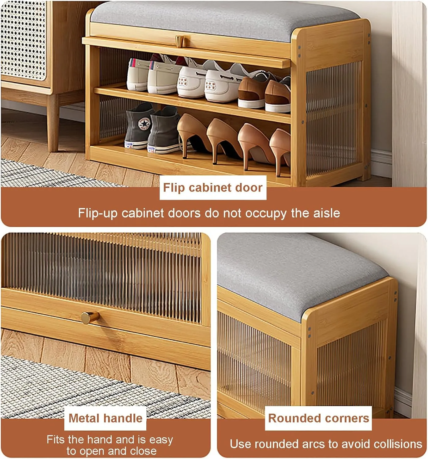 Entryway Shoe Bench with Pu Leather Seat Cushion, Bamboo Shoe Rack Organizer with Flip Doors, 2-Tier Upholstered Shoe Storage Bench for Hallway,Front Door (50x31x45cm(20x12x18inch), Walnut)