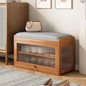 Entryway Shoe Bench with Pu Leather Seat Cushion, Bamboo Shoe Rack Organizer with Flip Doors, 2-Tier Upholstered Shoe Storage Bench for Hallway,Front Door (50x31x45cm(20x12x18inch), Walnut)